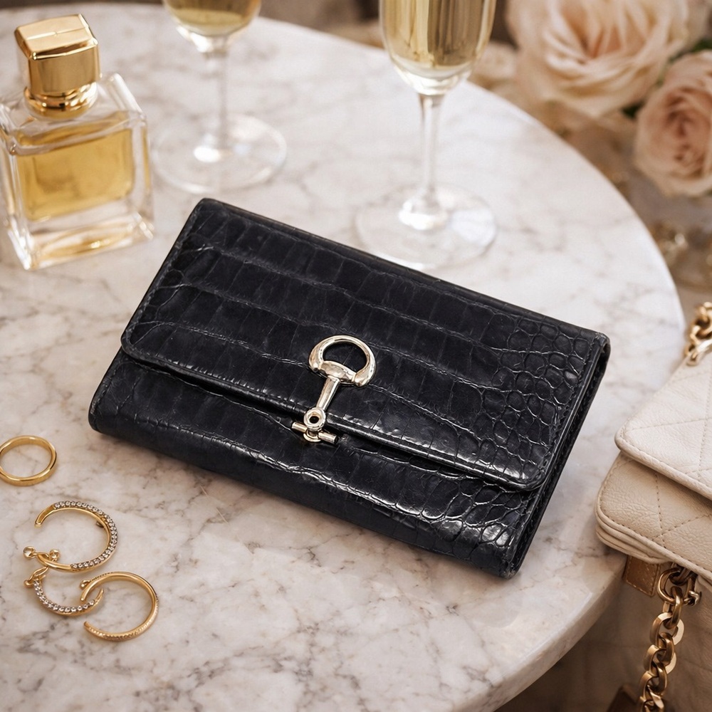 Bloomingdale's Black Leather Croc Tri-fold Wallet